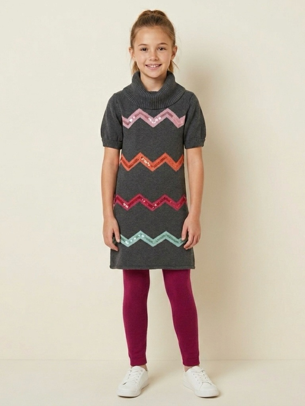 🔴 Gymboree Girls Size 10 Cotton Sweater Dress Gray Chevron Sequin Cowl Neck